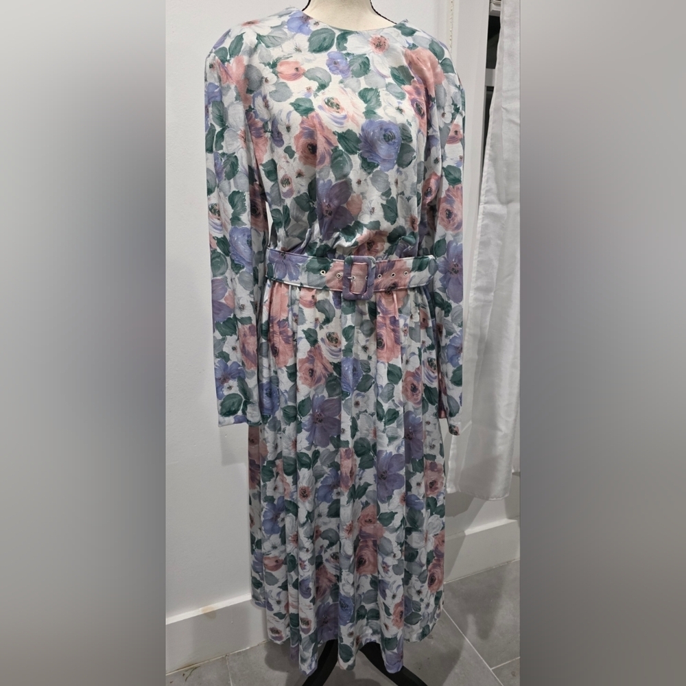 vtg Willow Ridge Prairie Floral Cottage Dress 18 Belted long Sleeve.